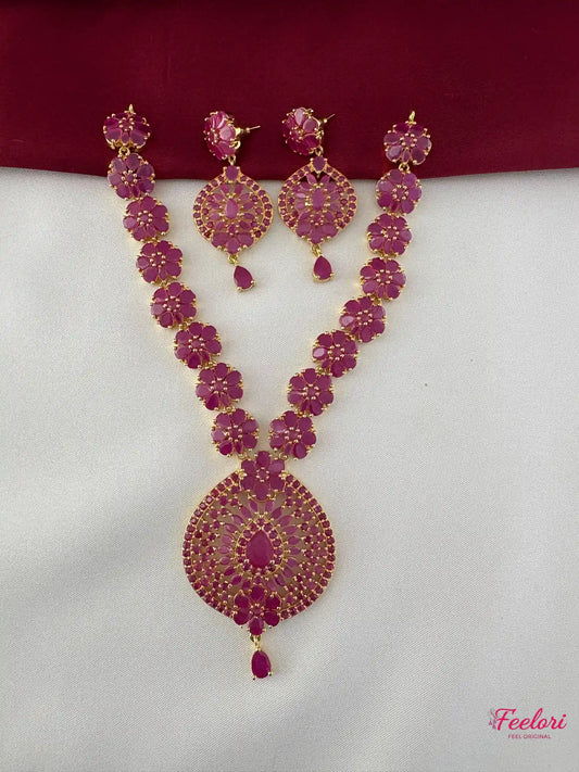 FeelOri Gold Plated Ruby Flower Petal Necklace Earring Set - Festive Elegance