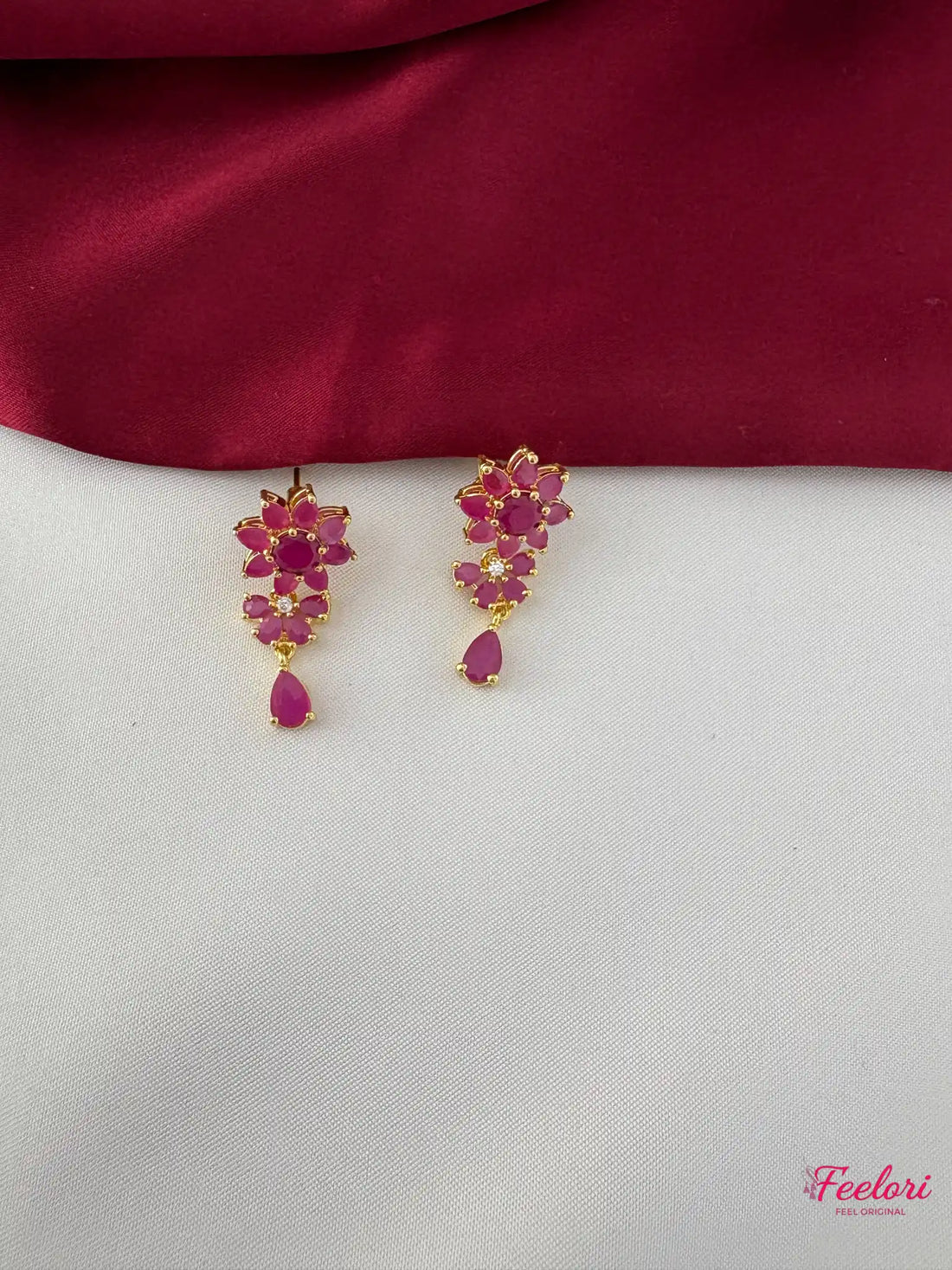 FeelOri Gold Plated Ruby-Tone Flower Strand Necklace Earring Set - Delicate Bloom - FeelOri Indian fashion jewellery view 3