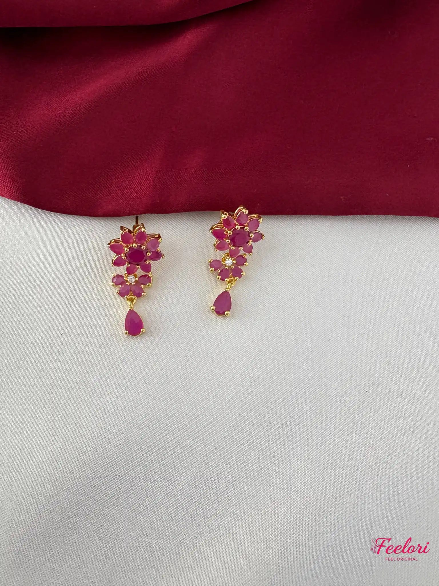FeelOri Gold Plated Ruby-Tone Flower Strand Necklace Earring Set - Delicate Bloom - FeelOri Indian fashion jewellery view 3