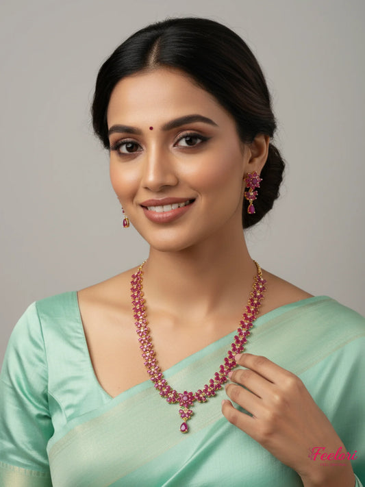 FeelOri Gold Plated Ruby Flower Strand Necklace Earring Set - Delicate Bloom - Gold - Lifestyle