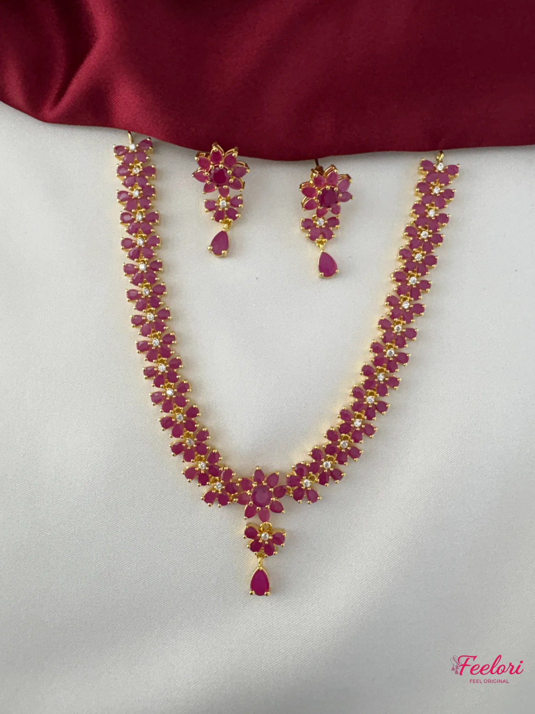 FeelOri Gold Plated Ruby-Tone Flower Strand Necklace Earring Set - Delicate Bloom - FeelOri Indian fashion jewellery view 1