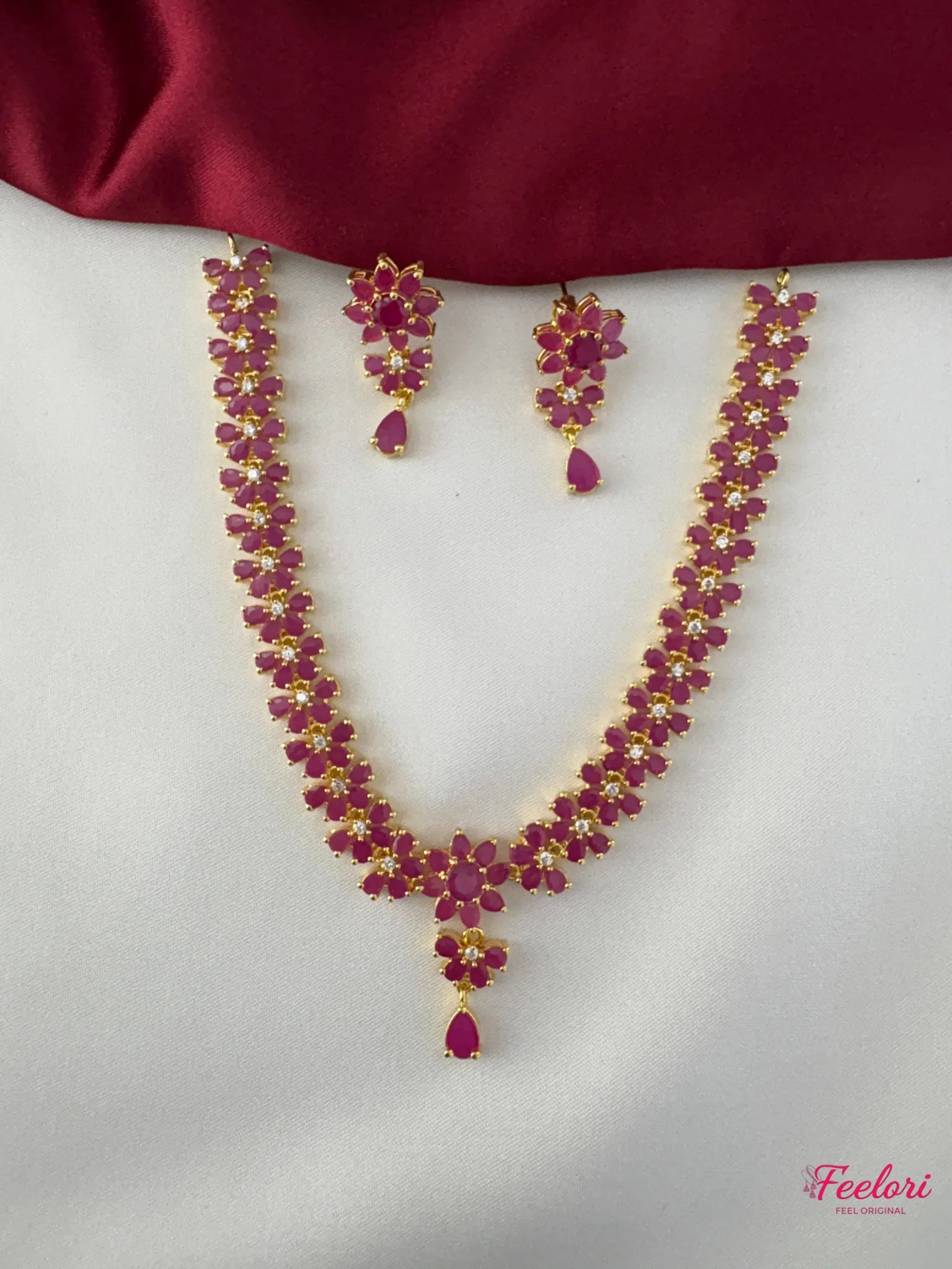 FeelOri Gold Plated Ruby-Tone Flower Strand Necklace Earring Set - Delicate Bloom - FeelOri Indian fashion jewellery view 1