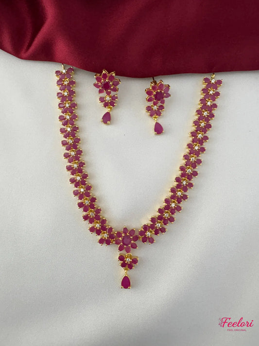 FeelOri Gold Plated Ruby Flower Strand Necklace Earring Set - Delicate Bloom