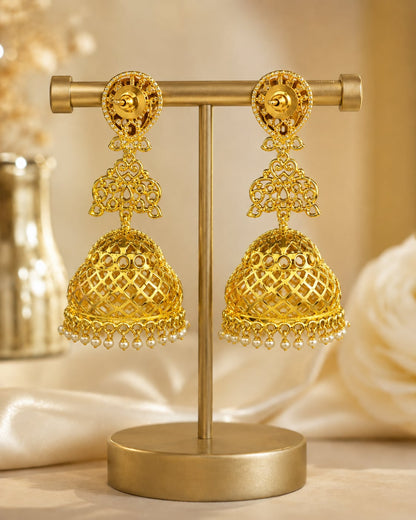 Rear view of long CZ jhumka earrings with open lattice domes and push-back closures