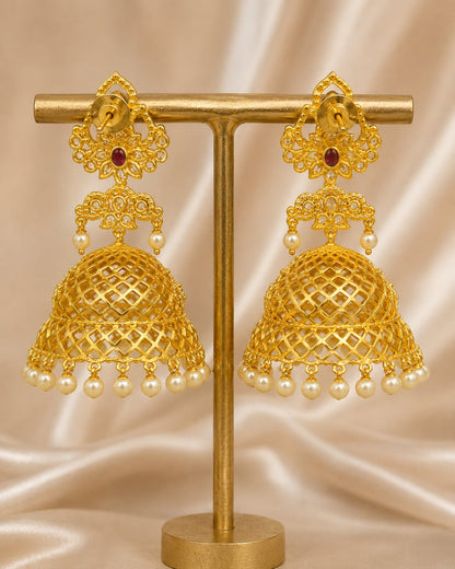 Rear view of grand CZ jhumka earrings with tiered open lattice domes and push-back closures
