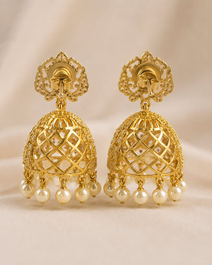 Rear view of FeelOri gold-plated ruby crown CZ jhumka earrings with pearl-look fringe showing push-back closures