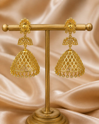 Rear view of FeelOri gold-plated ruby butterfly CZ jhumka earrings with pearl-look fringe showing push-back closures