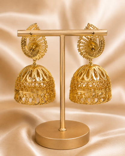 Rear view of FeelOri gold-plated ruby fan CZ jhumka earrings with pearl-look drops showing push-back closures