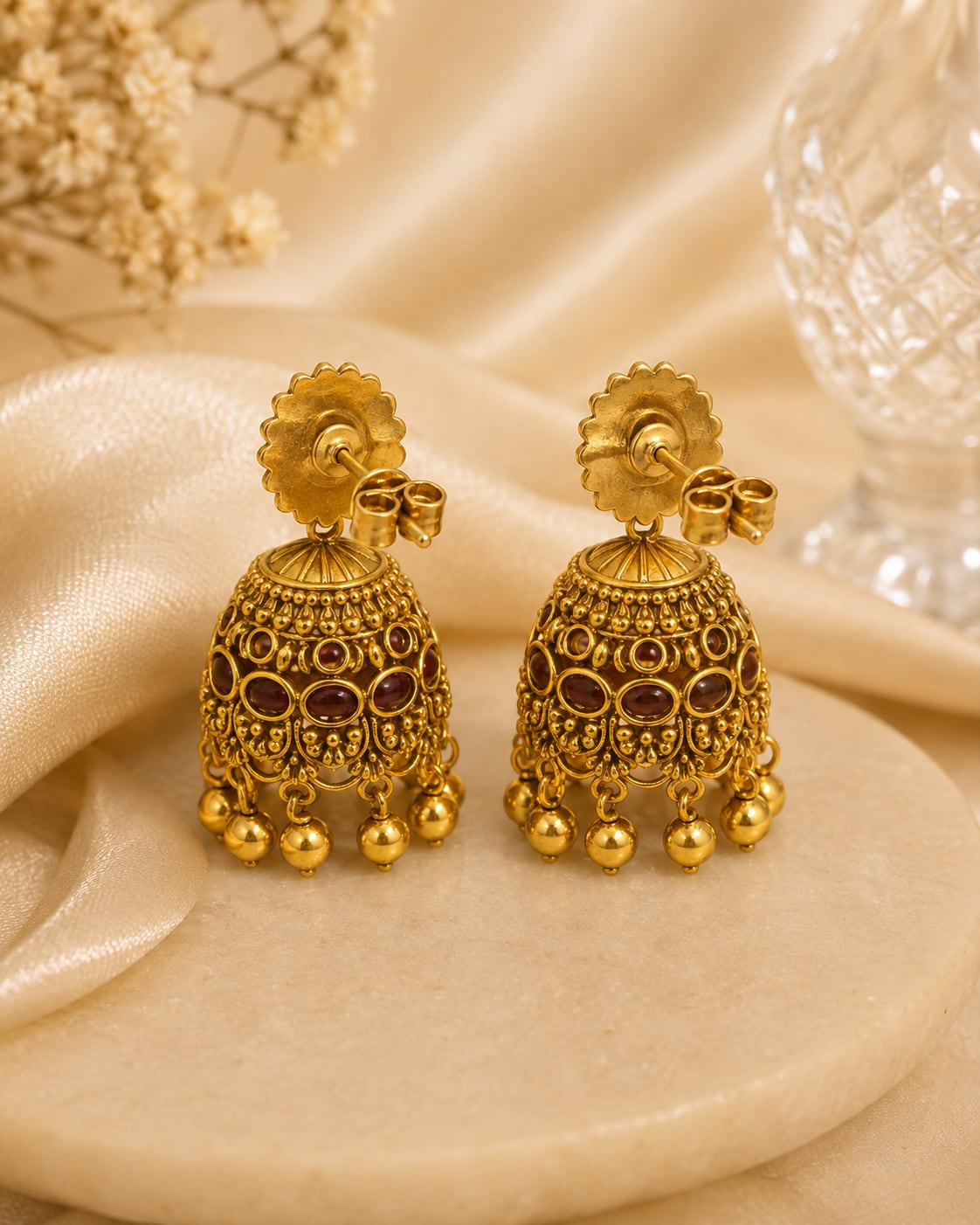 FeelOri gold-plated ruby jhumka earrings rear view showing openwork reverse, straight posts, and push-back closures