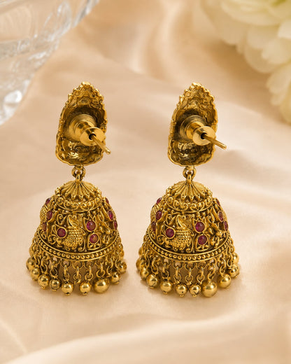FeelOri gold-plated ruby jhumka earrings rear view showing openwork reverse, straight posts, and push-back closures