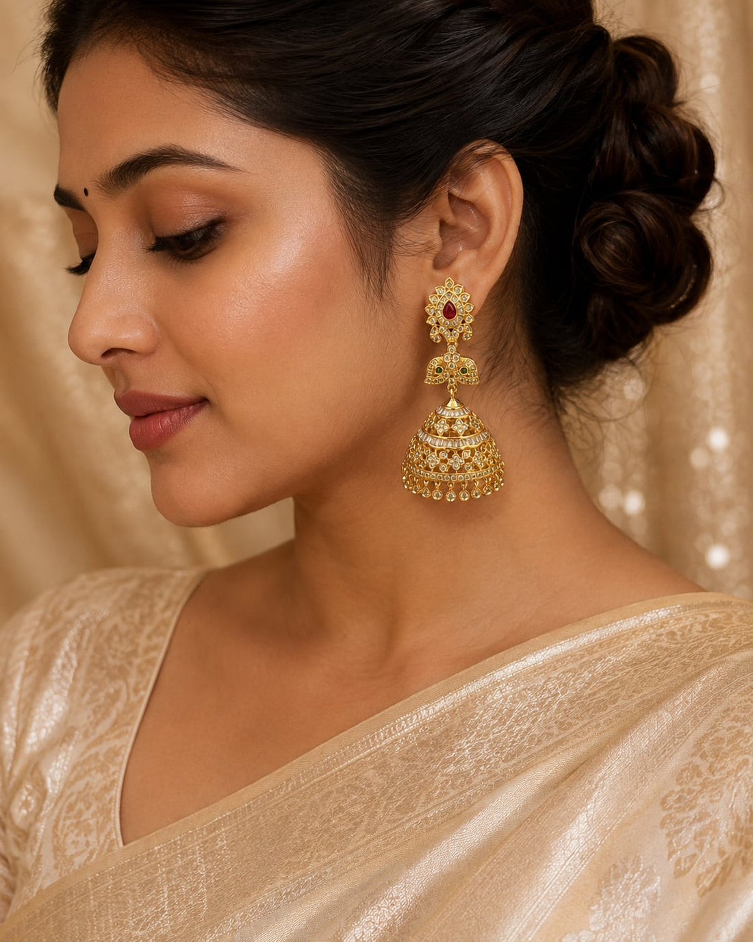 Close-up of gold-plated ruby butterfly CZ jhumka earrings with pearl-look fringe showing ruby-red halo top, butterfly connector, tiered CZ dome and pearl-look fringe