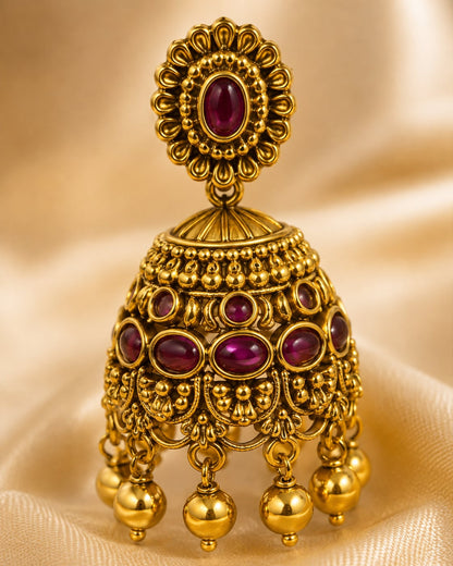 FeelOri gold-plated ruby jhumka earrings stone setting, ear-chain or earring construction, and gold-plated finish detail