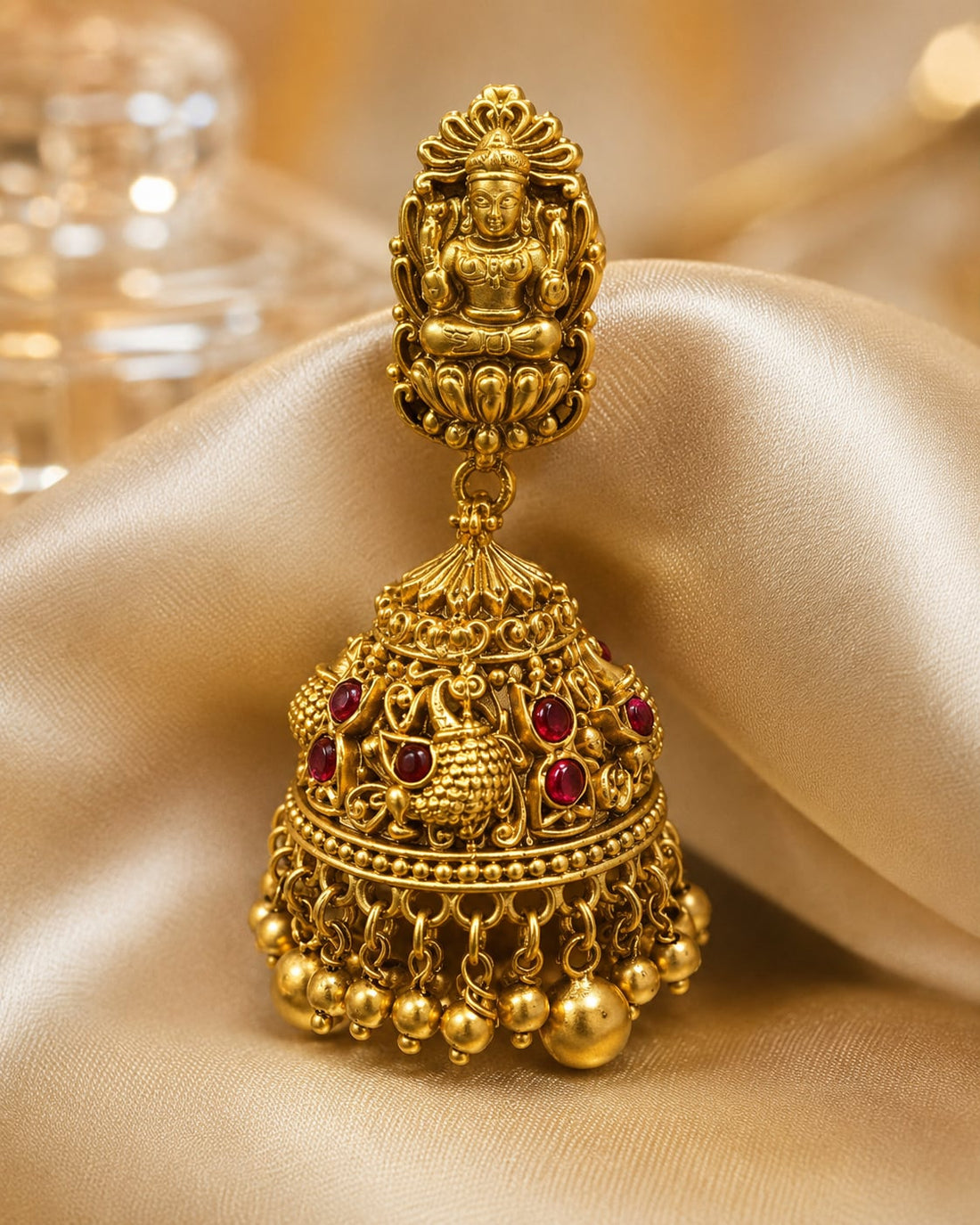 FeelOri gold-plated ruby jhumka earrings stone setting, ear-chain or earring construction, and gold-plated finish detail