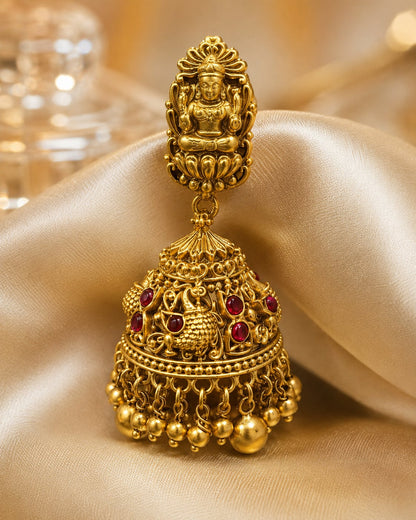 FeelOri gold-plated ruby jhumka earrings stone setting, ear-chain or earring construction, and gold-plated finish detail