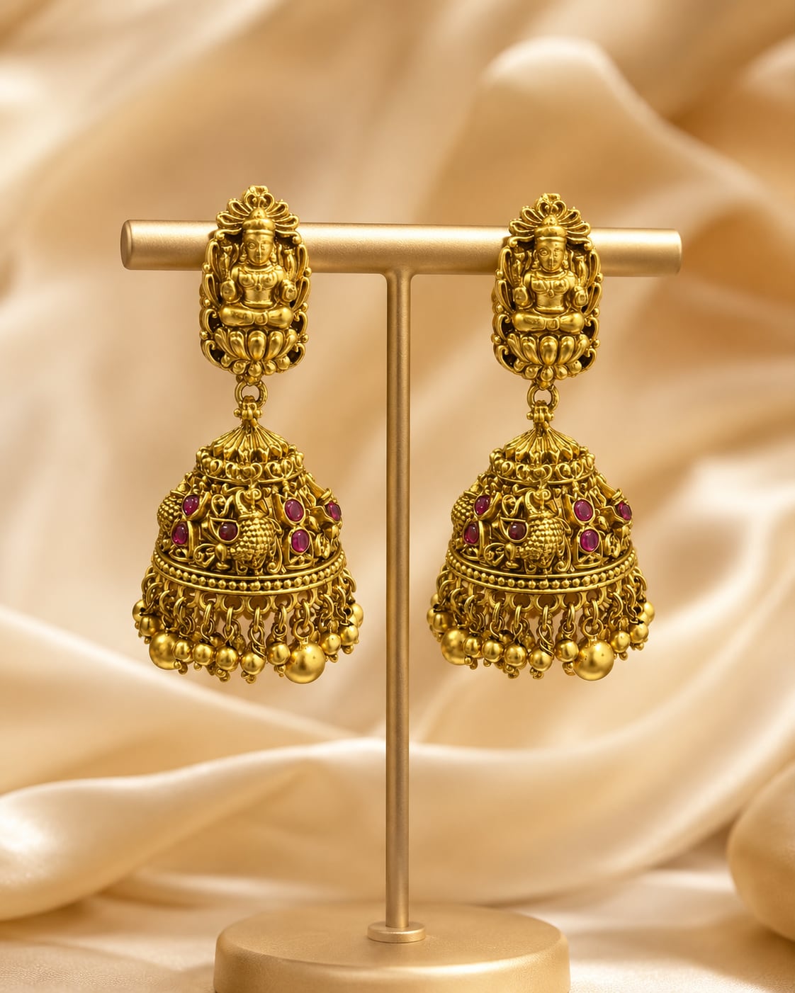 FeelOri gold-plated ruby jhumka earrings on jewellery display