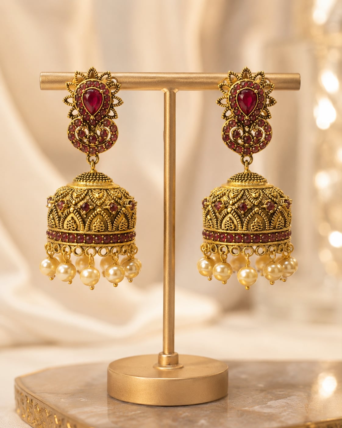 FeelOri gold-plated ruby jhumka earrings on jewellery display
