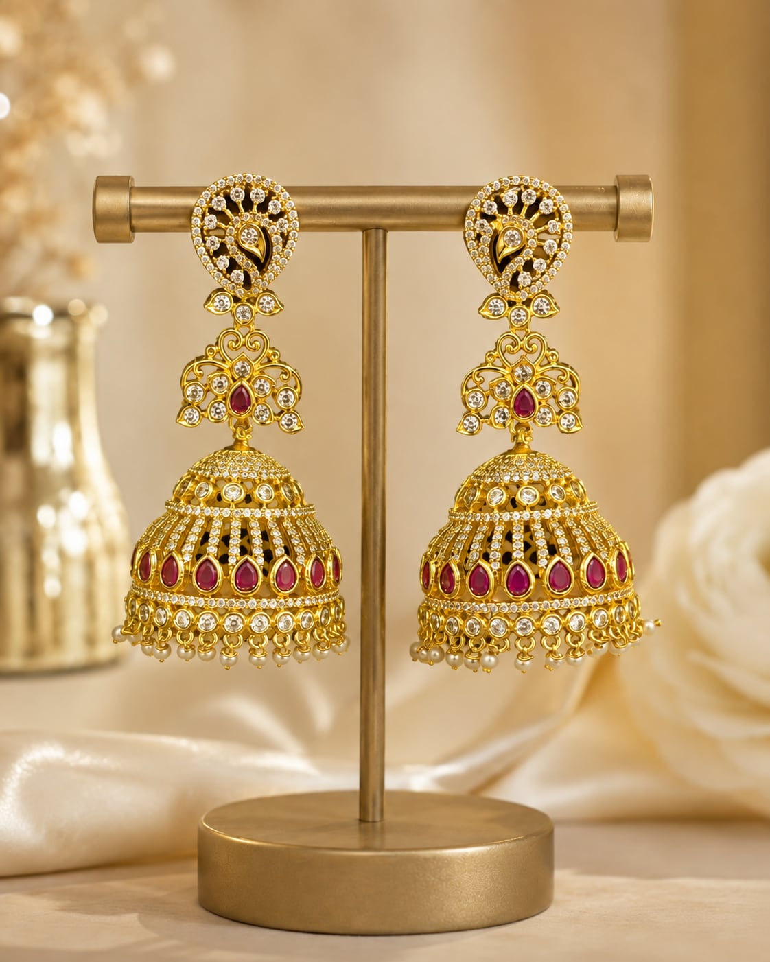 Pair of FeelOri gold-plated long CZ jhumka earrings, front view