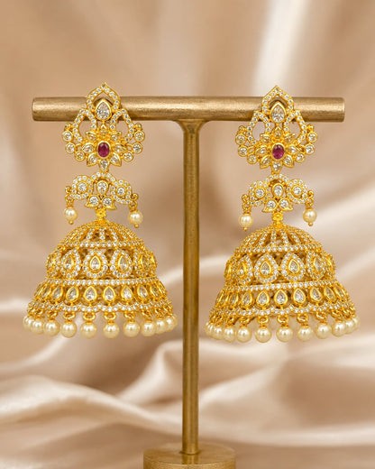 Pair of FeelOri grand gold-plated CZ jhumka earrings, front view