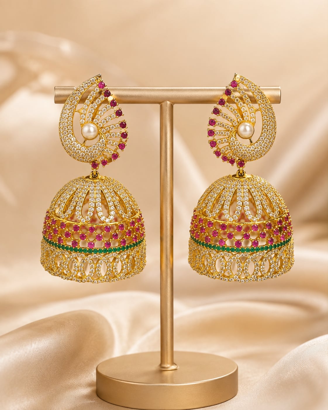 Front view of one matching pair of FeelOri gold-plated ruby fan CZ jhumka earrings with pearl-look drops
