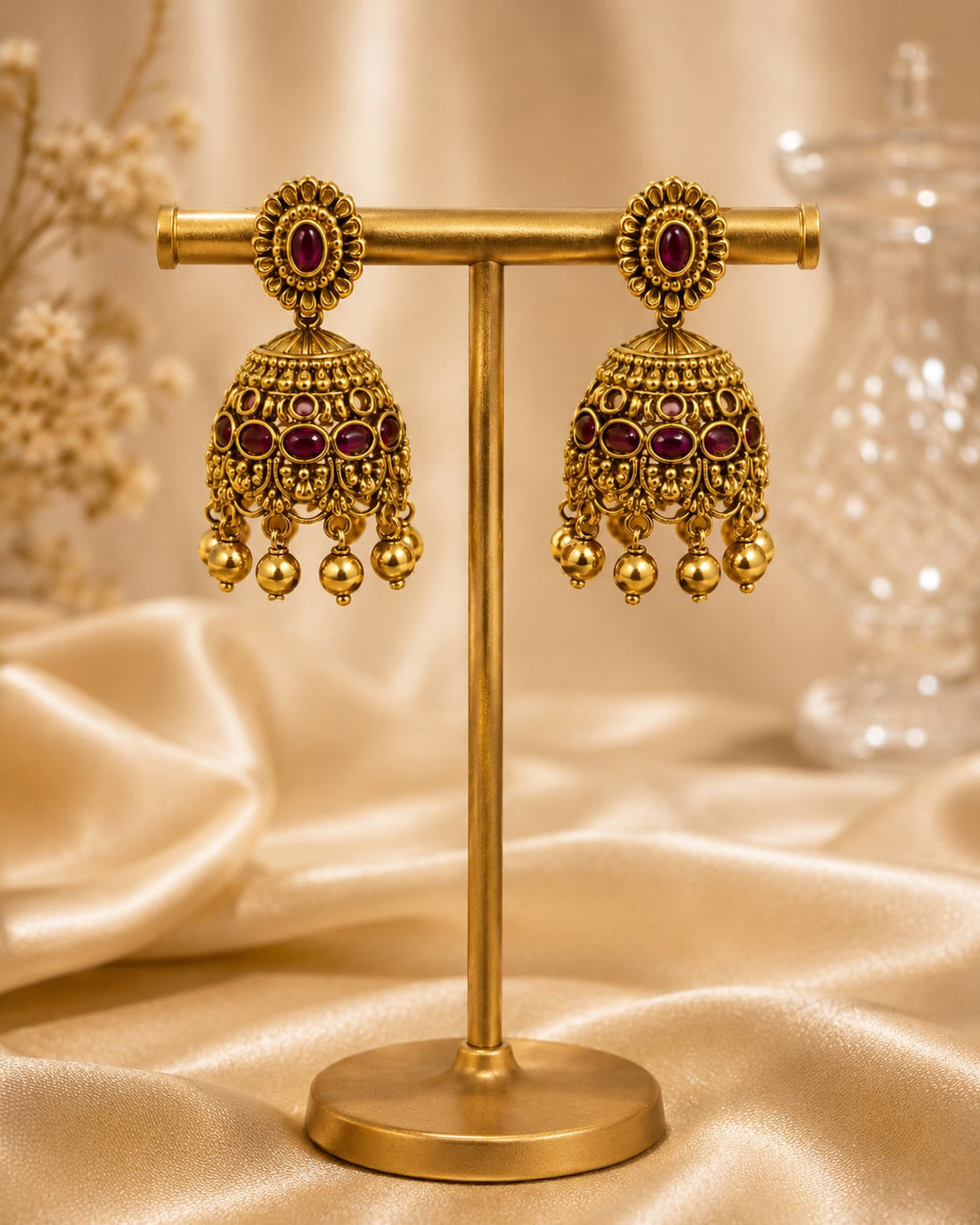 FeelOri gold-plated ruby jhumka earrings for sarees, kurtas, and festive styling