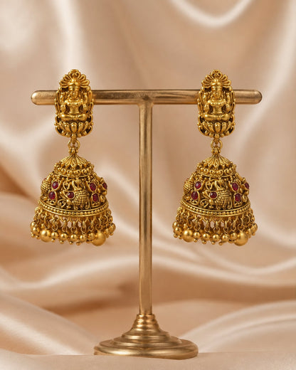 FeelOri gold-plated ruby jhumka earrings for sarees, kurtas, and festive styling