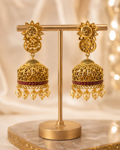 FeelOri gold-plated ruby jhumka earrings for sarees, kurtas, and festive styling