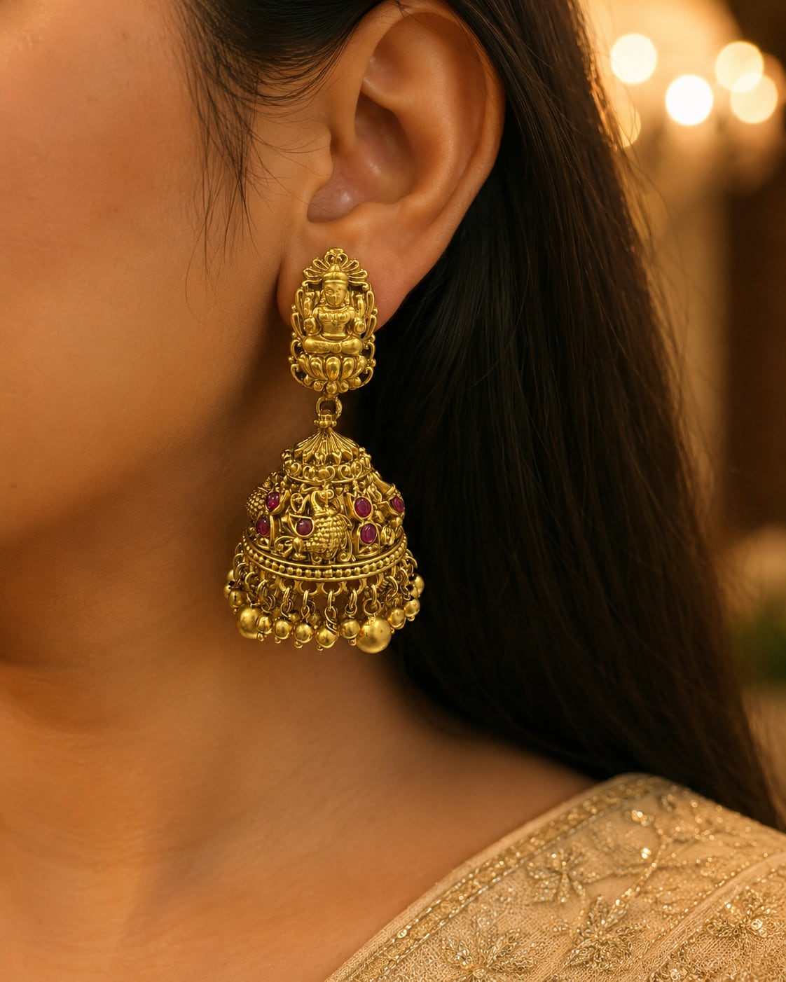 FeelOri gold-plated ruby jhumka earrings styled with Indian occasion wear