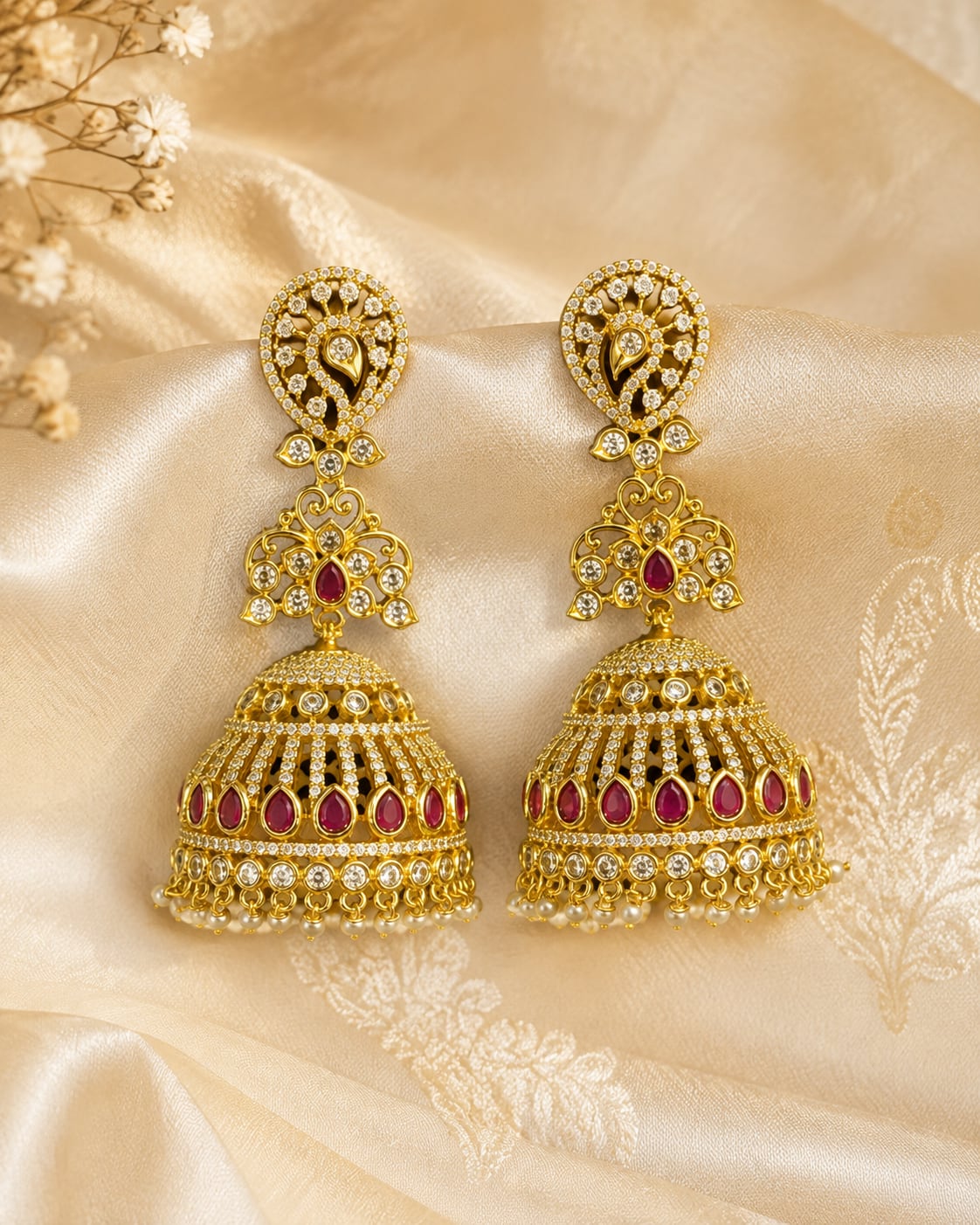 FeelOri ruby CZ long jhumka earrings styled on Indian silk textile