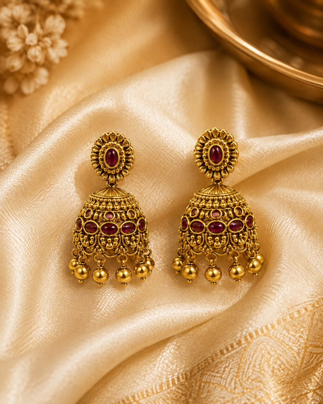 FeelOri gold-plated ruby jhumka earrings styled with saree fabric for Indian occasion wear
