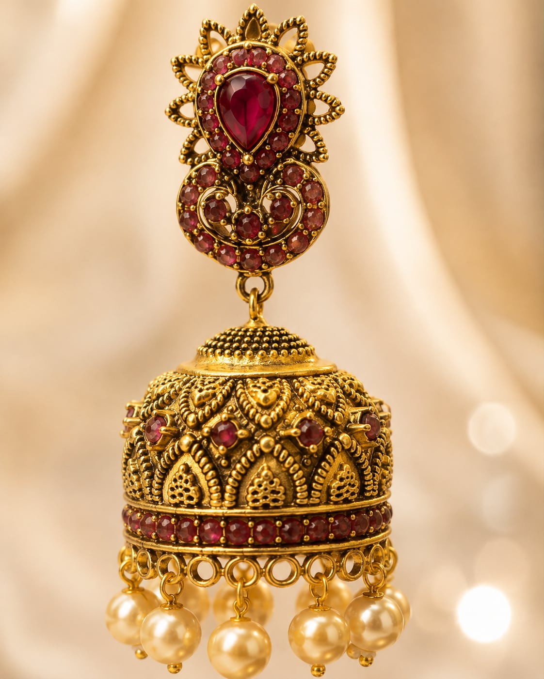FeelOri gold-plated ruby jhumka earrings styled with saree fabric for Indian occasion wear