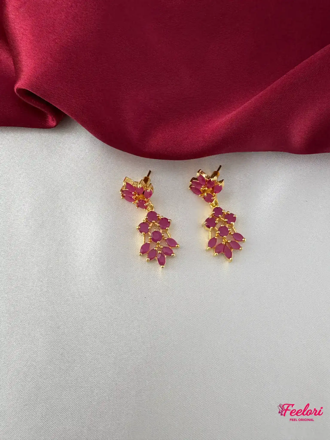 FeelOri Gold Plated Ruby Marquis Blossom Earrings - Close-up view of the matching push-back earrings, highlighting their cluster design and Ruby-Tone CZ-hued marquis stones.