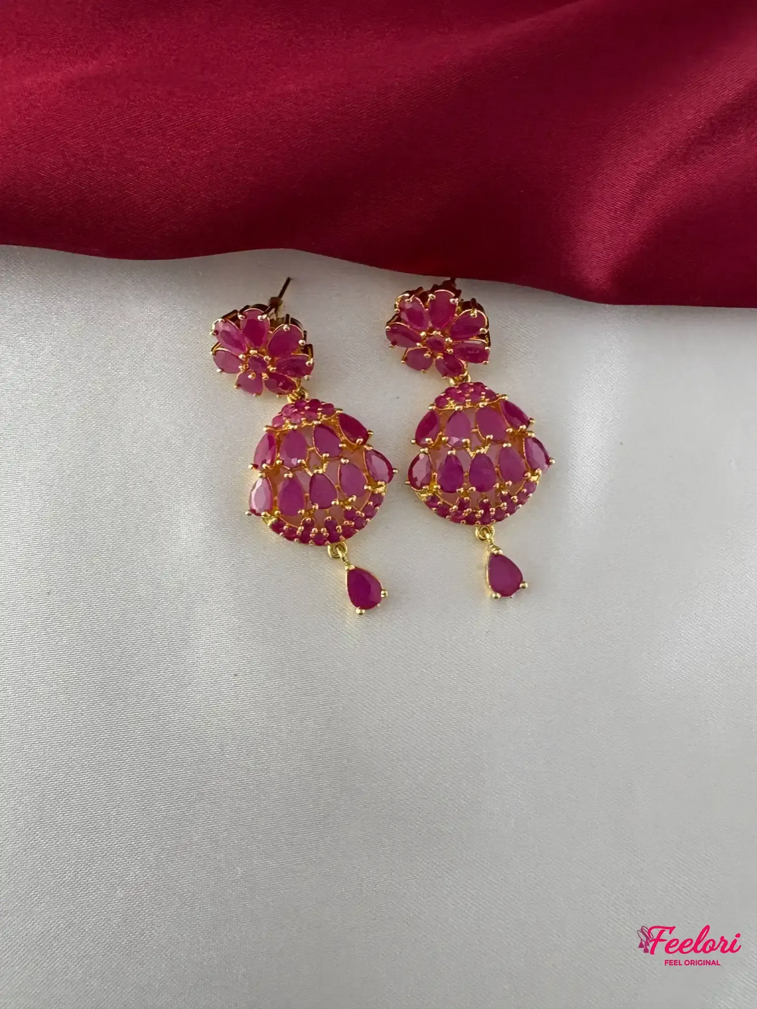 FeelOri Gold Plated Ruby Marquis Petal Cluster Earrings - Close-up view highlighting the floral stud and dangling ruby drop.