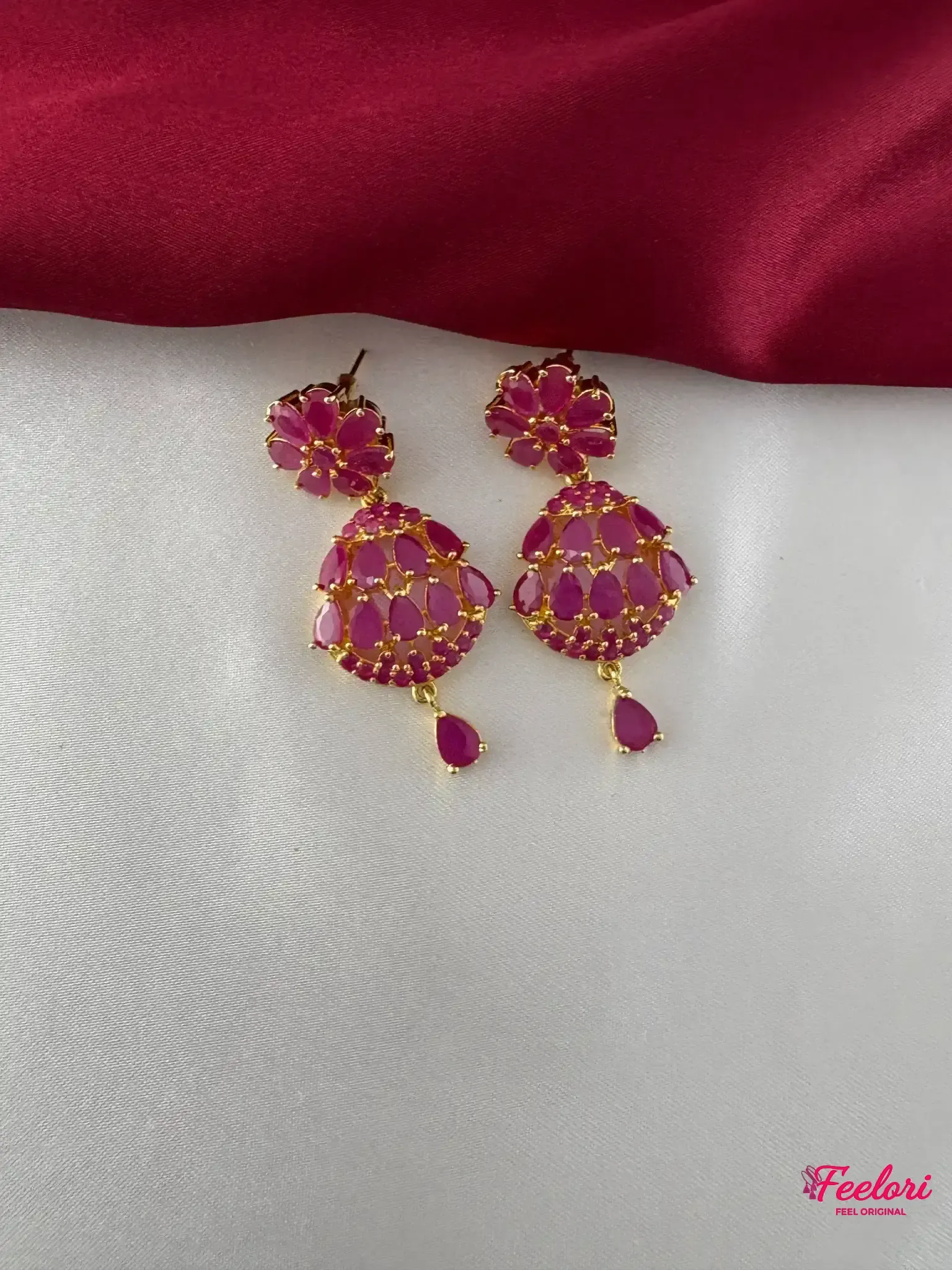 FeelOri Gold Plated Ruby Marquis Petal Cluster Earrings - Close-up view highlighting the floral stud and dangling ruby drop.