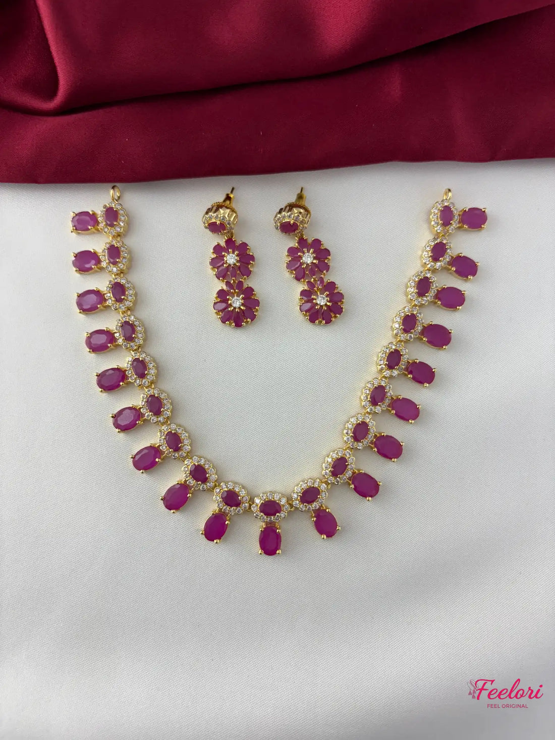 FeelOri Gold Plated Ruby-Tone Marquise Flower Drop Necklace Set - Radiant Petals - FeelOri Indian fashion jewellery view 1