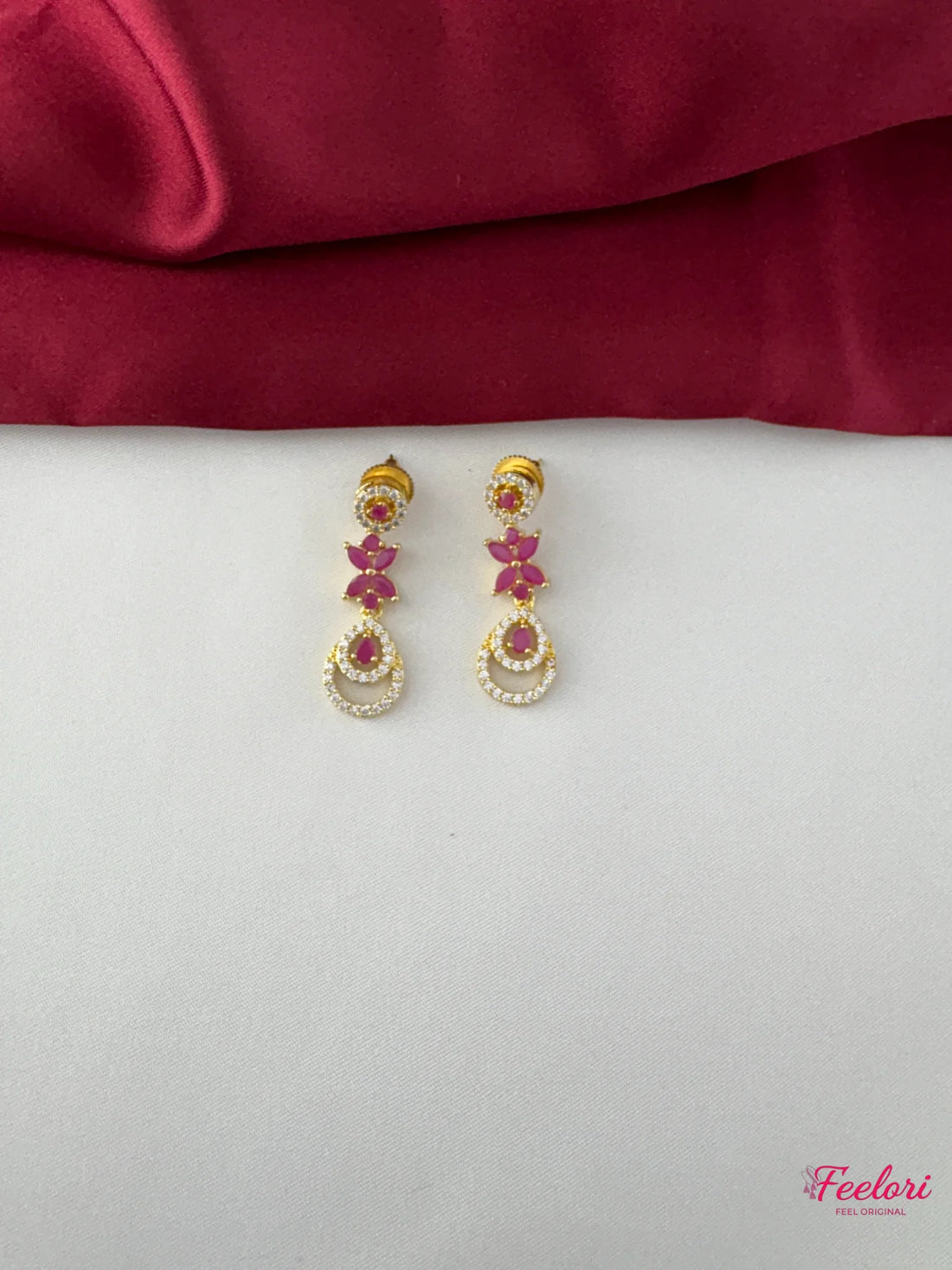 FeelOri Gold Plated Ruby-Tone Petal Cluster Necklace Set - Grand Floral Design - FeelOri Indian fashion jewellery view 3