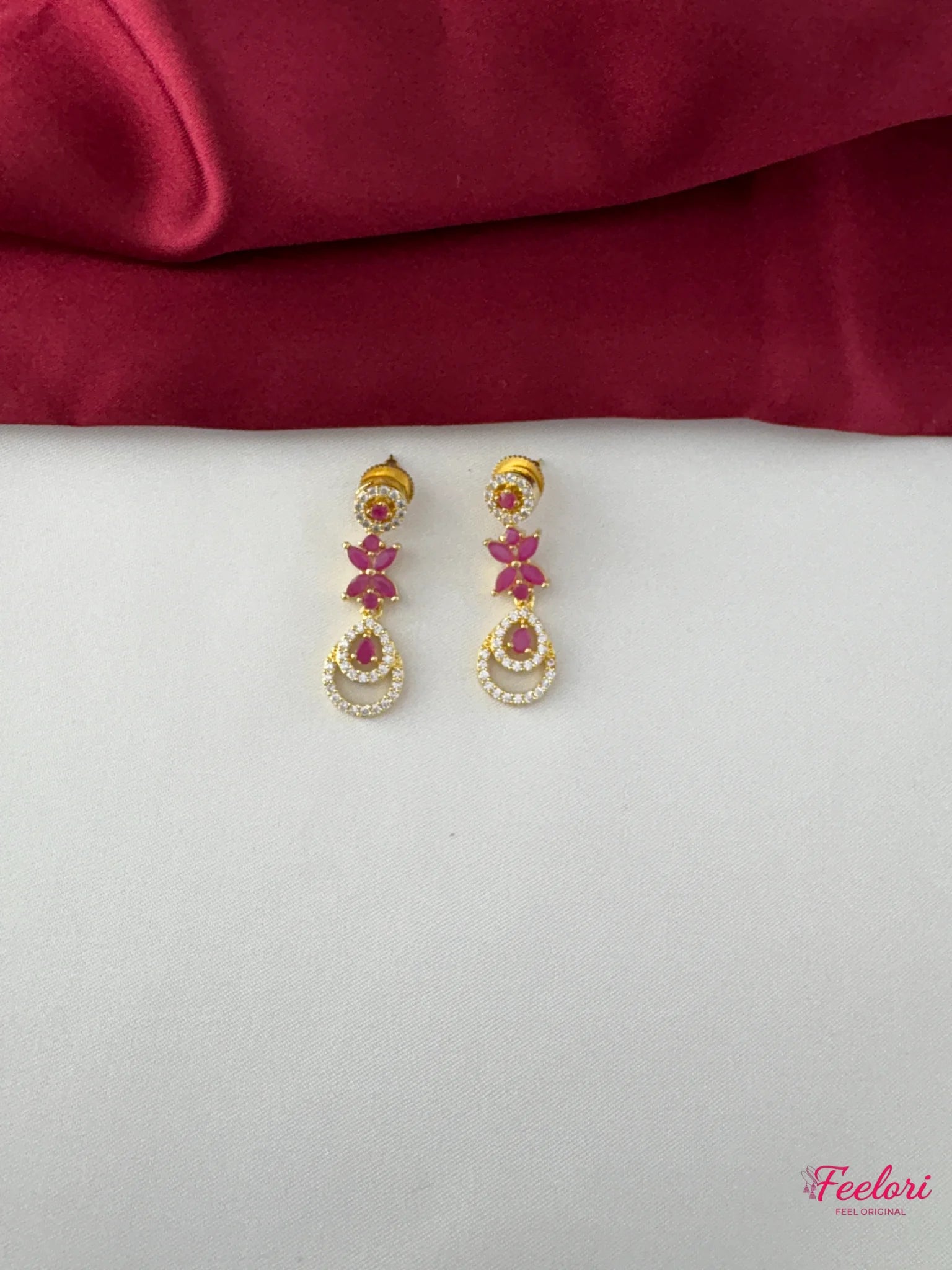 FeelOri Gold Plated Ruby-Tone Petal Cluster Necklace Set - Grand Floral Design - FeelOri Indian fashion jewellery view 3