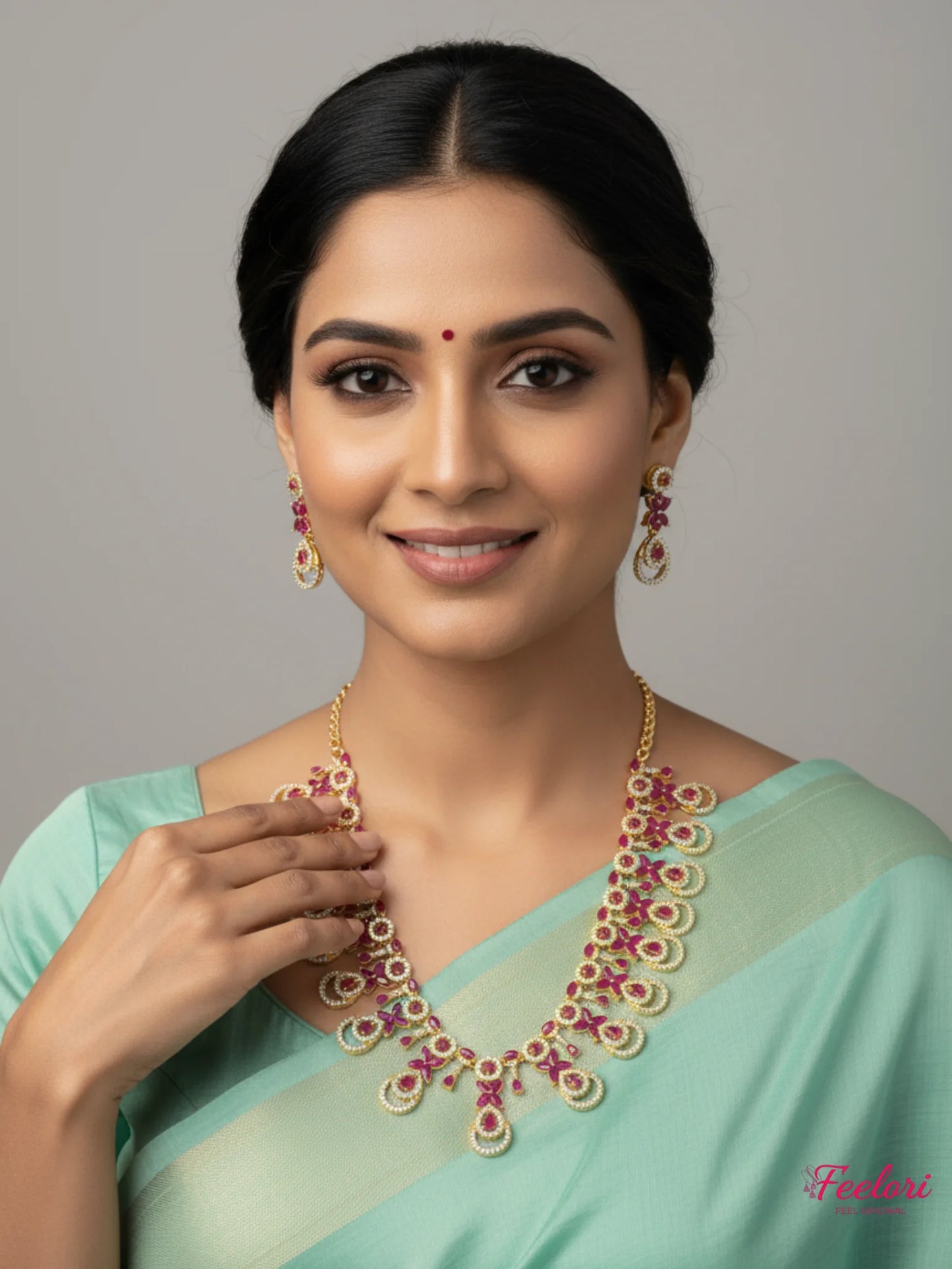 FeelOri Gold Plated Ruby Petal Cluster Necklace Set - Grand Floral Design - Gold and Ruby Red - Lifestyle