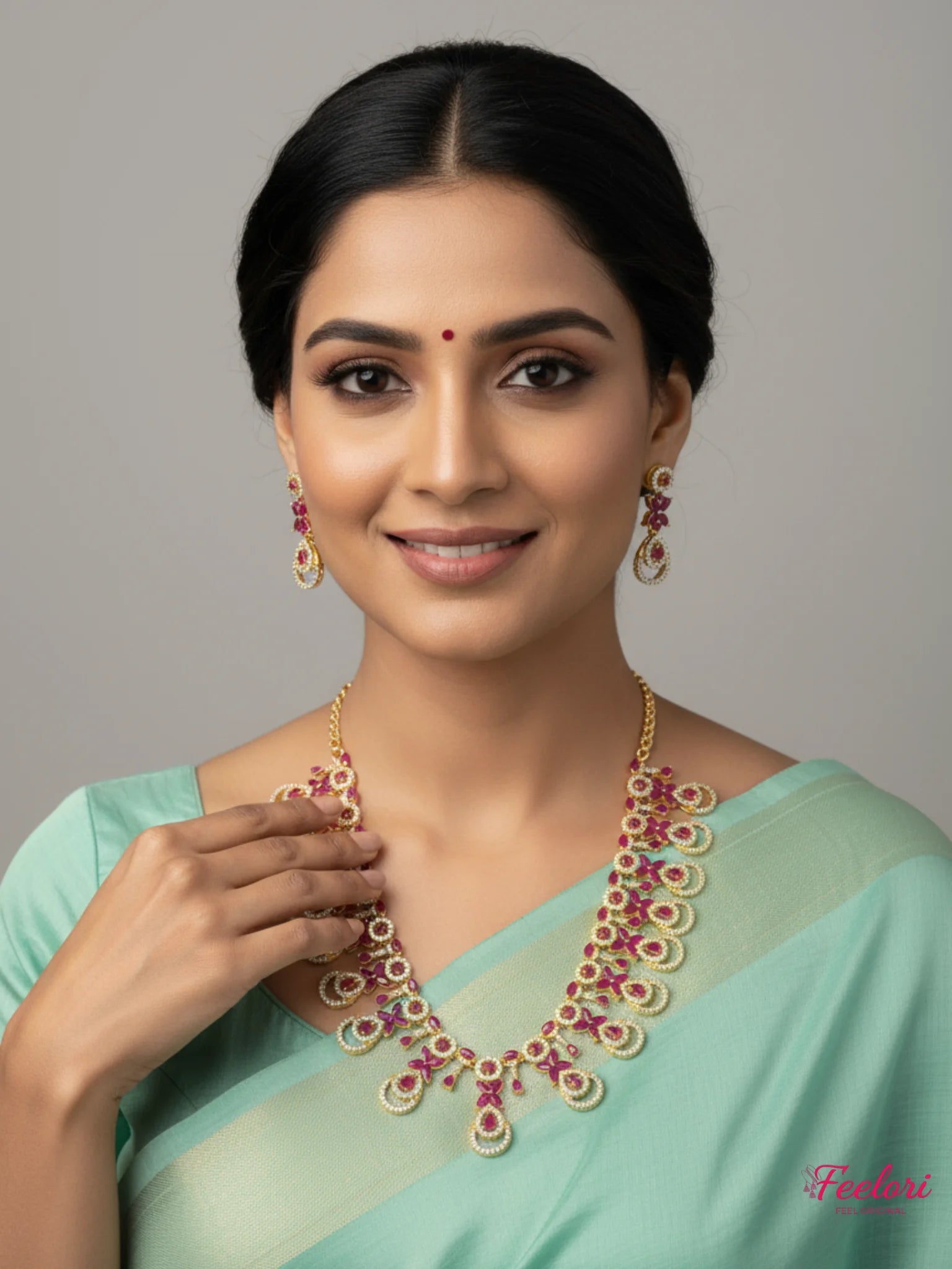 FeelOri Gold Plated Ruby Petal Cluster Necklace Set - Grand Floral Design - Gold and Ruby Red - Lifestyle