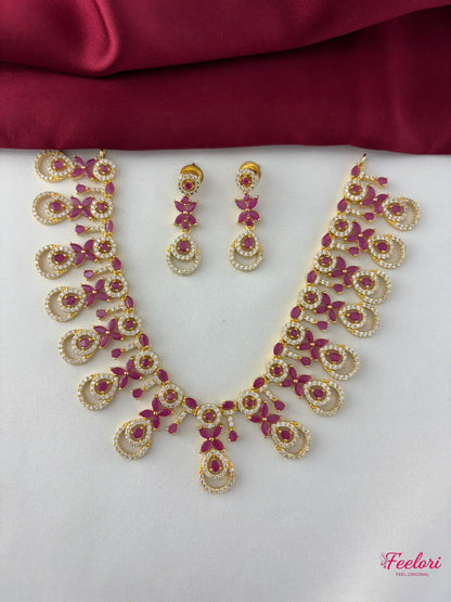 FeelOri Gold Plated Ruby Petal Cluster Necklace Set - Grand Floral Design