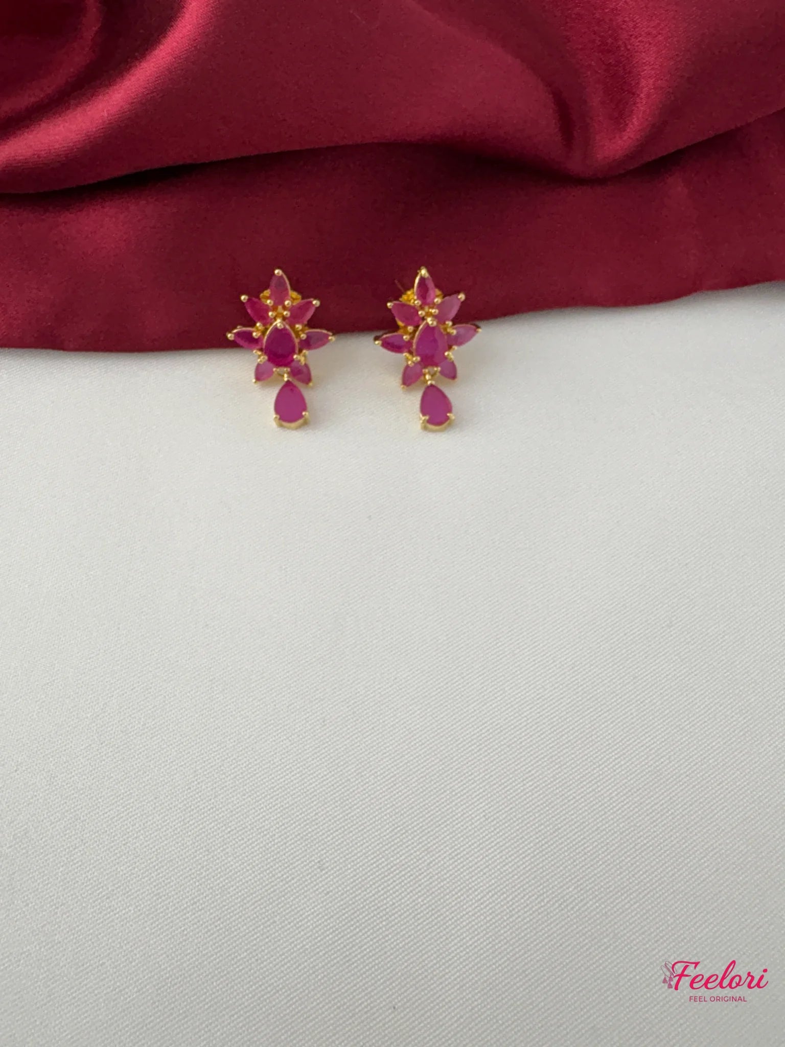 FeelOri Gold Plated Ruby-Tone Petal Cluster Necklace Set - Tear Drop Pendant - FeelOri Indian fashion jewellery view 3