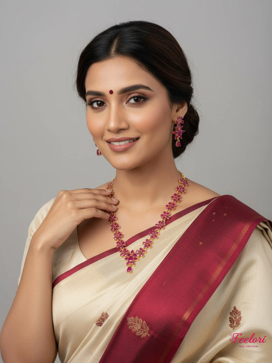 FeelOri Gold Plated Ruby Petal Cluster Necklace Set - Tear Drop Pendant - Ruby Red, Gold - Lifestyle