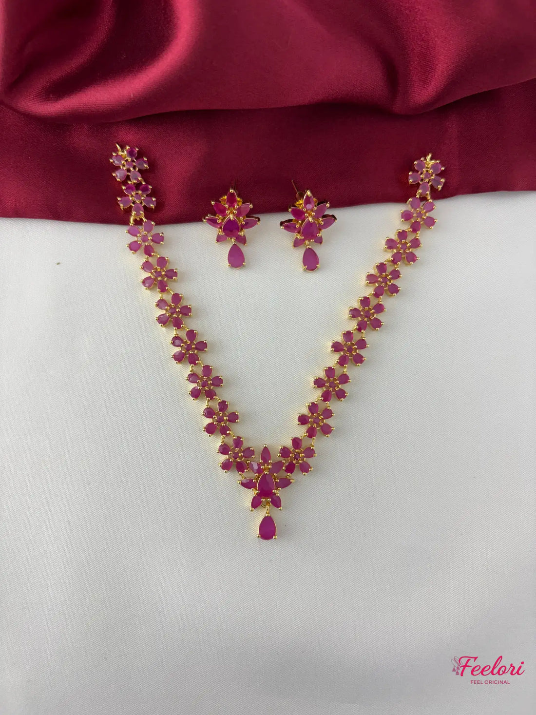 FeelOri Gold Plated Ruby-Tone Petal Cluster Necklace Set - Tear Drop Pendant - FeelOri Indian fashion jewellery view 1