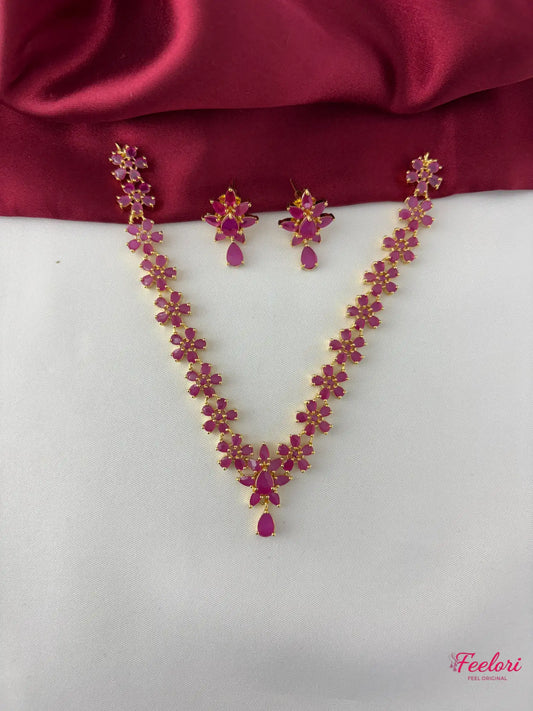 FeelOri Gold Plated Ruby Petal Cluster Necklace Set - Tear Drop Pendant