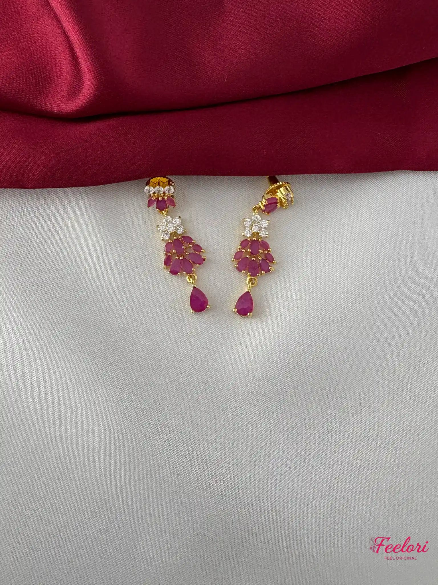 FeelOri Gold Plated Ruby-Tone Petal Drop Necklace Earring Set - Delicate Floral Design - FeelOri Indian fashion jewellery view 3