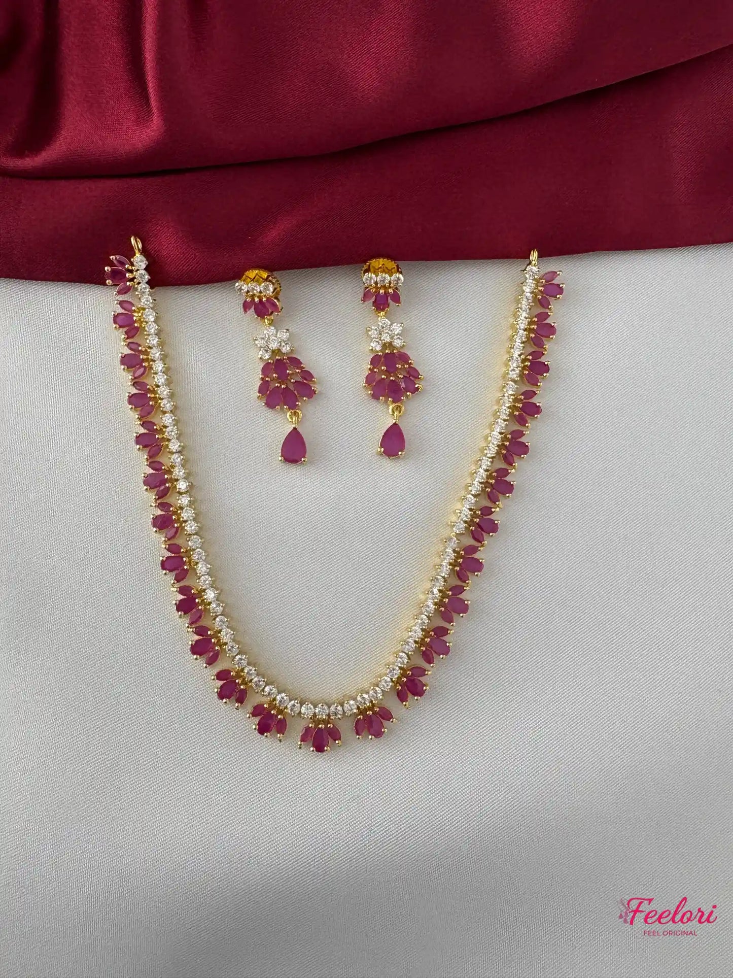 FeelOri Gold Plated Ruby Petal Drop Necklace Earring Set - Delicate Floral Design