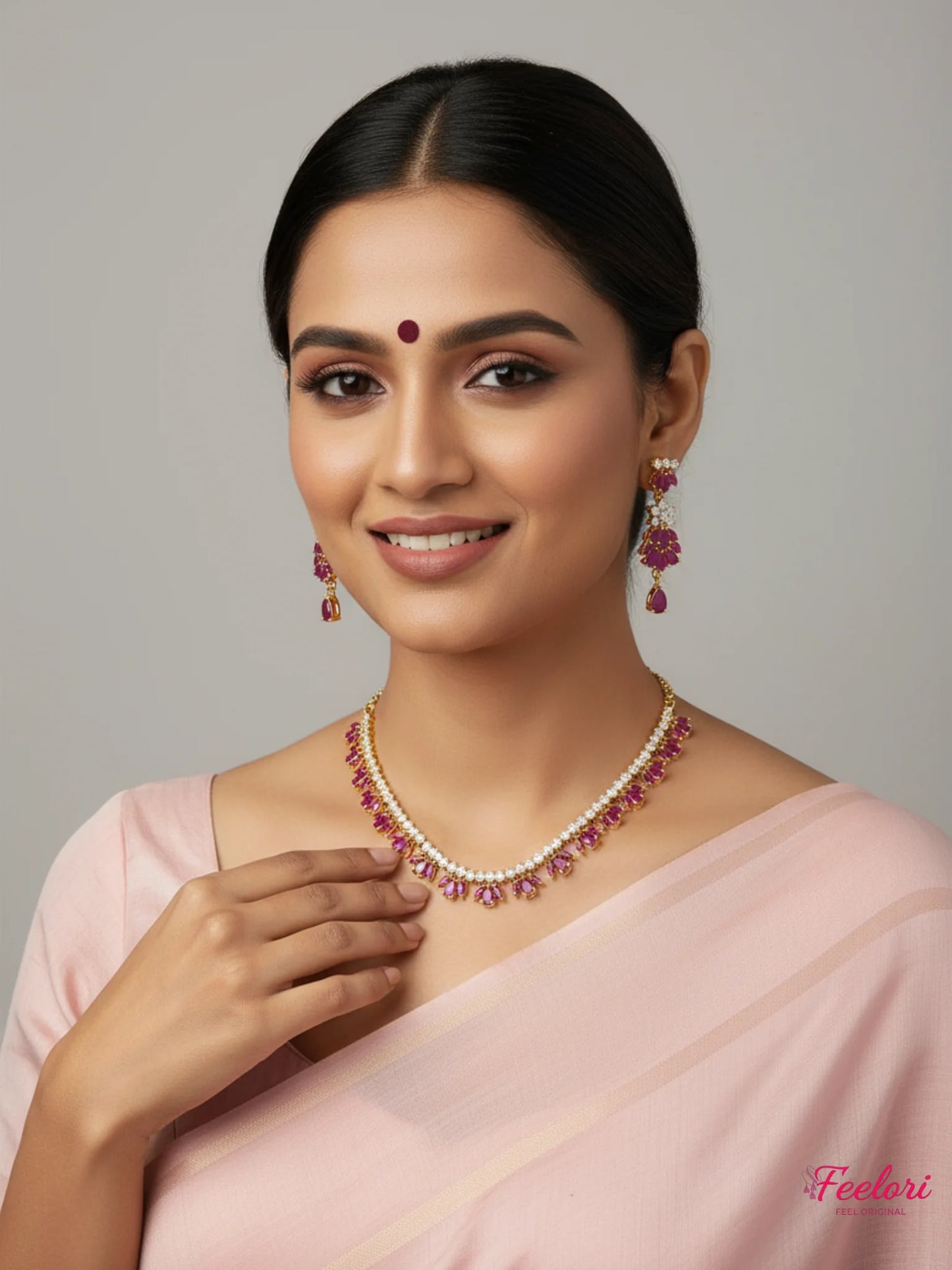 FeelOri Gold Plated Ruby Petal Drop Necklace Earring Set - Delicate Floral Design - Gold, Ruby - Lifestyle