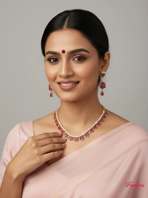 FeelOri Gold Plated Ruby Petal Drop Necklace Earring Set - Delicate Floral Design - Gold, Ruby - Lifestyle