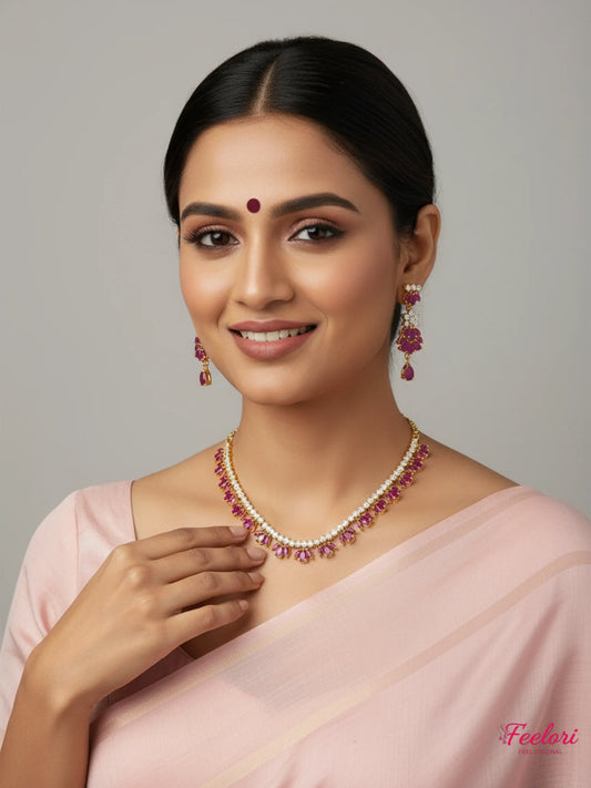 FeelOri Gold Plated Ruby Petal Drop Necklace Earring Set - Delicate Floral Design - Gold, Ruby - Lifestyle