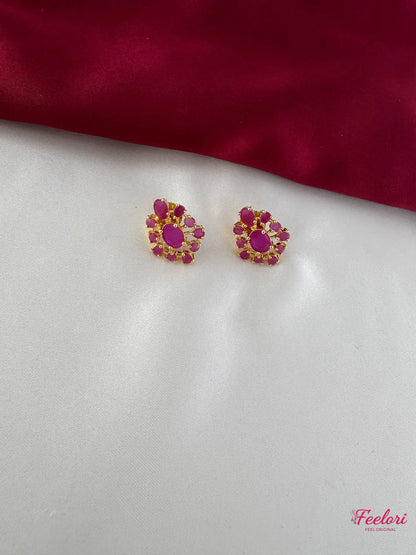 FeelOri Gold Plated Ruby Petal Earrings - Close-up view of the stud earrings, highlighting the intricate petal arrangement and Ruby-Tone CZ-hued stones.