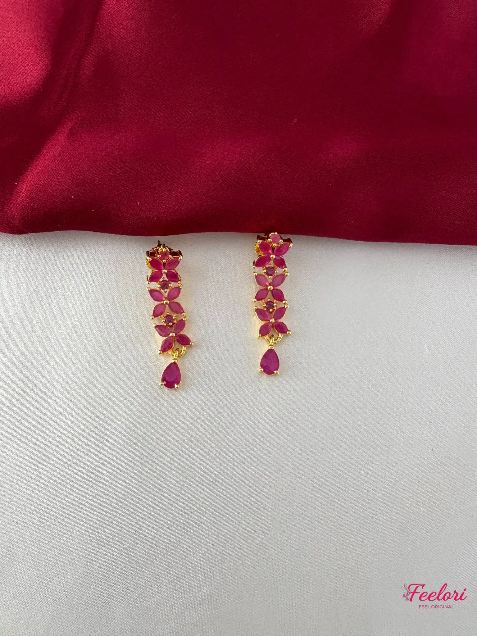 FeelOri Gold Plated Ruby-Tone Petal Necklace Set - Delicate Design - FeelOri Indian fashion jewellery view 3